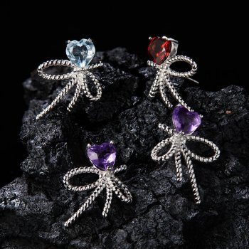 S925 Sterling Silver Natural Amethyst Garne and Topaz Gemstone Stud Earrings